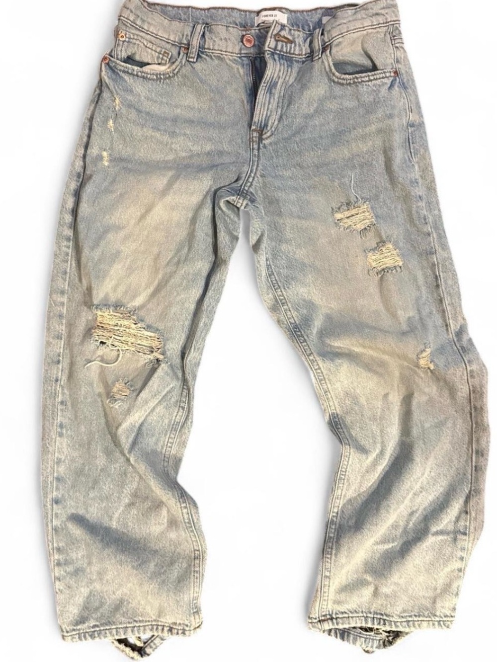 Forever 21 Women's Light Blue Distressed Straight Leg Jeans
